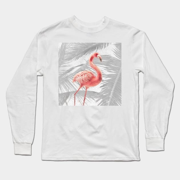 Grey + Pink Tropical Flamingo Long Sleeve T-Shirt by peachesinthewild